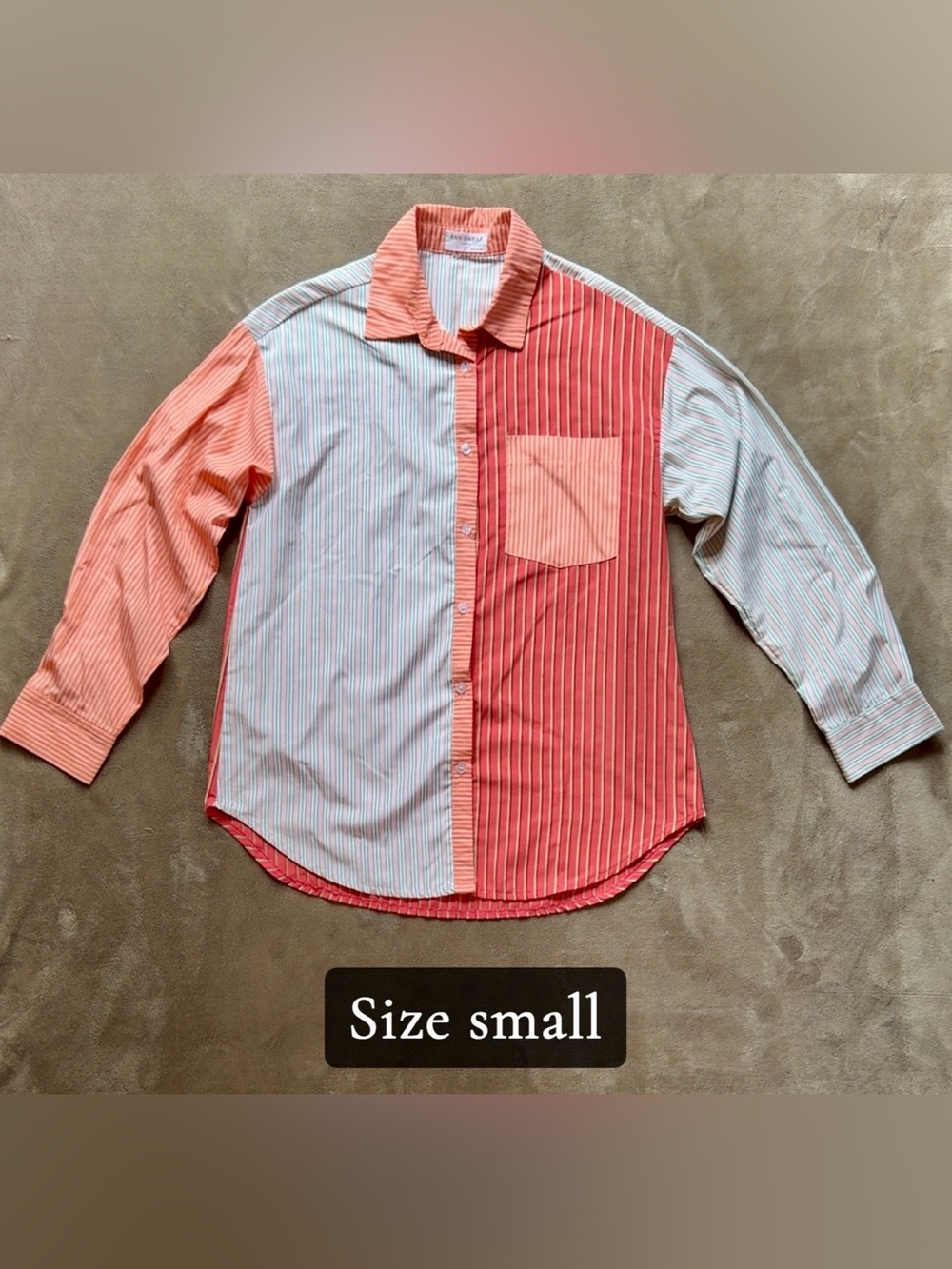 Women's Striped Patchwork Button-Up Shirt in Coral and Cream